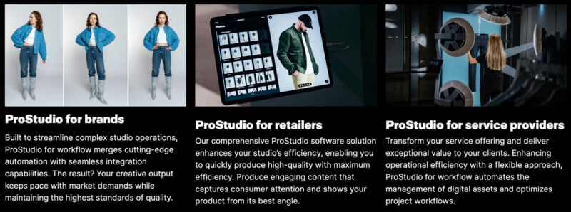 A three-panel image showcasing ProStudio services. The first panel shows a person in a blue outfit, illustrating ProStudio for brands. The second panel displays a tablet with a clothing app, representing ProStudio for retailers. The third panel depicts a machine, symbolizing ProStudio for service providers.