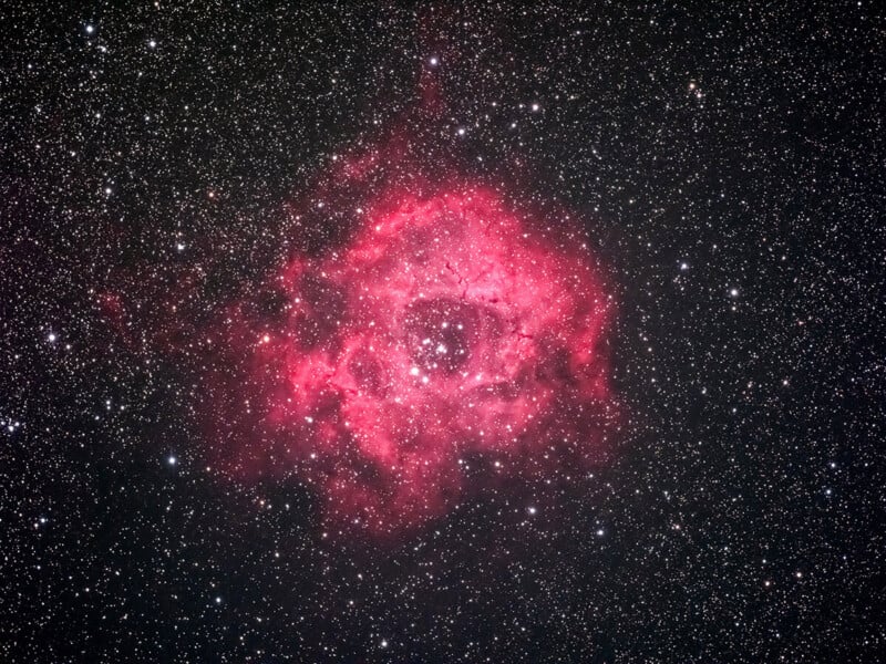 Image of the Rosette Nebula, a large, circular star-forming region in the constellation Monoceros. The nebula’s reddish hue and intricate structure stand out amid a densely speckled backdrop of stars against the dark vastness of space.