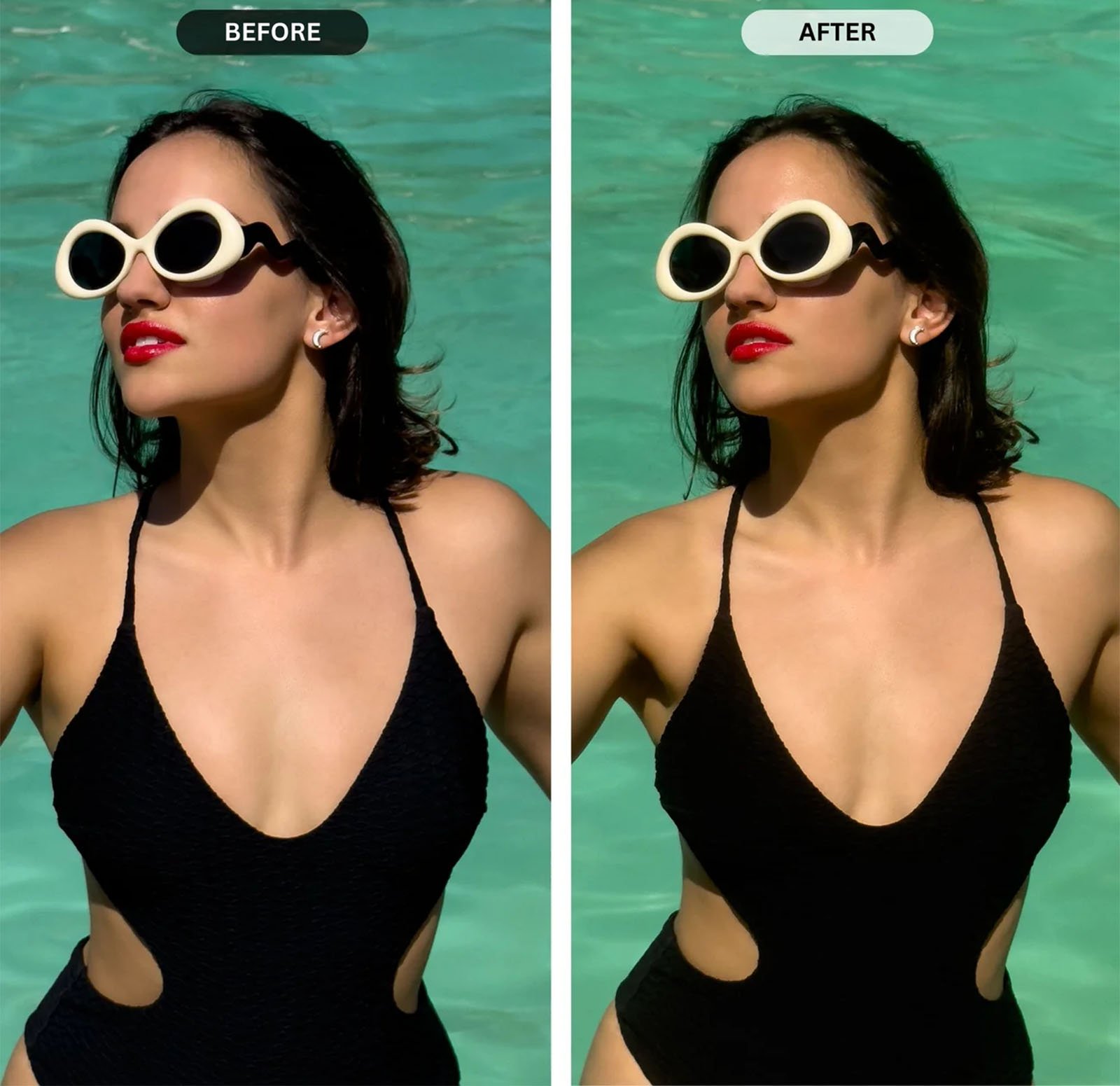 A side-by-side comparison photo of a woman in a pool wearing a black swimsuit and white, round sunglasses. The left image is labeled "BEFORE" and the right image is labeled "AFTER," with differences primarily in lighting and color tone enhancements.