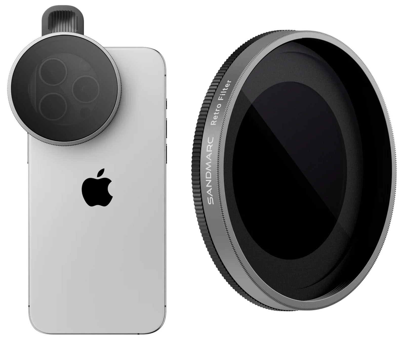 A smartphone with an attached camera lens accessory on the left and a close-up shot of a circular camera filter labeled "SANDMARC Retro Filter" on the right. The smartphone has a silver back with an Apple logo.