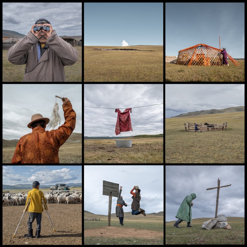 A nine-part photo collage showing nomadic life in Mongolia. Images include individuals in traditional attire, a yurt and people engaged in daily activities like herding sheep, drying clothes, and leaping in the air. The landscape features vast open fields and mountains.