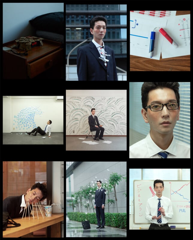 A collage of nine images shows a man in professional attire experiencing stress and exhaustion. The sequence includes a messy bedroom, scattered paperwork, and the man appearing tired, overwhelmed, and pondering. The last image shows him presenting at a whiteboard.