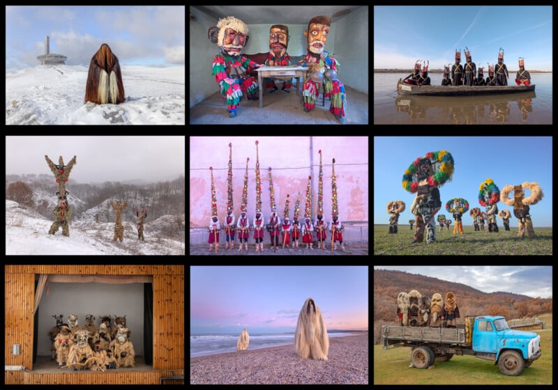 A collage of nine photos features people in elaborate, colorful traditional costumes and masks. The settings include snowy landscapes, a wooded area, a beach, a river, a room, and a truck. The costumes vary with themes including animals, tall hats, and vibrant fabrics.