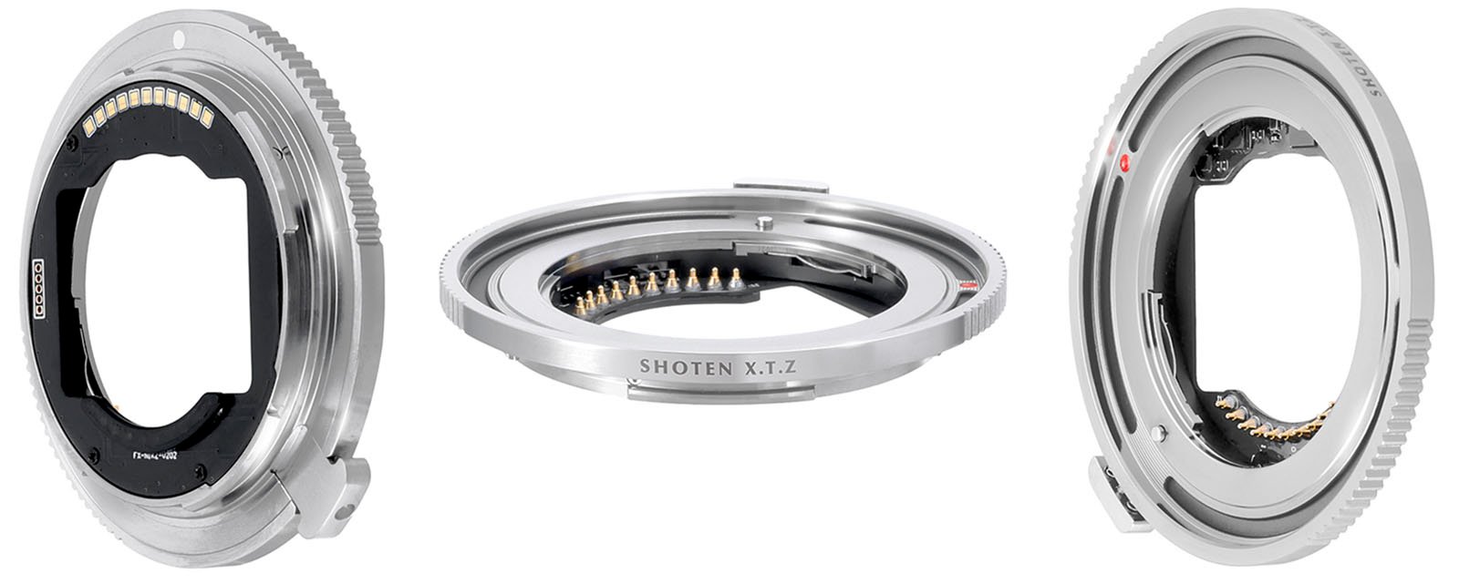 Three views of a Shoten X.T.Z lens mount adapter, finely crafted in silver metal. The adapter features electronic contacts for communication between the camera body and lens. The central image shows a top-down view, while the side images show angled perspectives.