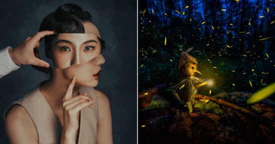 Left side: A person with short, wavy black hair poses with fingers on their cheek and lips as a hand holds a reflective sheet over their forehead, creating an optical illusion. Right side: A small, humanoid figure with a mossy cap stands on a log in a dark forest surrounded by glowing fireflies.