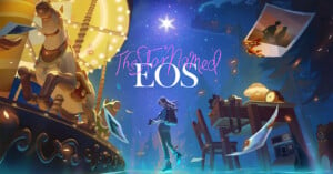 A girl with purple hair stands beside a glowing carousel in a dreamy, surreal setting. Above her, "The Star Named EOS" is written in stylized text. The background includes floating papers, a desk, a clock, and a star-filled sky with a distant train.