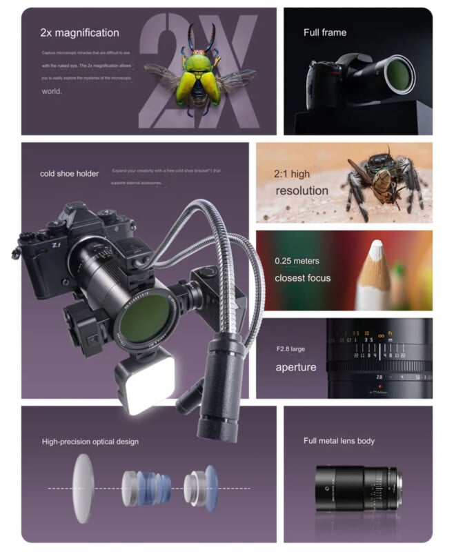 A detailed advertisement for a camera system. Various features are highlighted: 2x magnification with an insect close-up, cold shoe holder, full frame, 2:1 high resolution with a spider image, 0.25 meter closest focus, F2.8 large aperture, high-precision optical design, and full metal lens body.