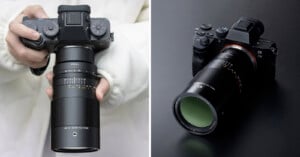 Two images side by side of a digital camera with a long lens. The left image shows the camera being held by a person wearing a white sweater, displaying the controls and lens details. The right image shows the camera with a zoom lens on a dark surface.
