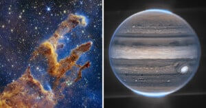 The image is split into two. The left side shows the Pillars of Creation, tall, nebulous structures of gas and dust illuminated against a starry backdrop. The right side displays a detailed view of Jupiter with its distinctive bands and the Great Red Spot.