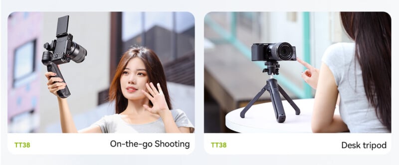 Split image. Left: A woman holding a gimbal stabilizer with a camera, outdoors, captioned "On-the-go Shooting." Right: A woman using a tabletop tripod with a camera, indoors, captioned "Desk tripod." Both products are labeled "TT38.