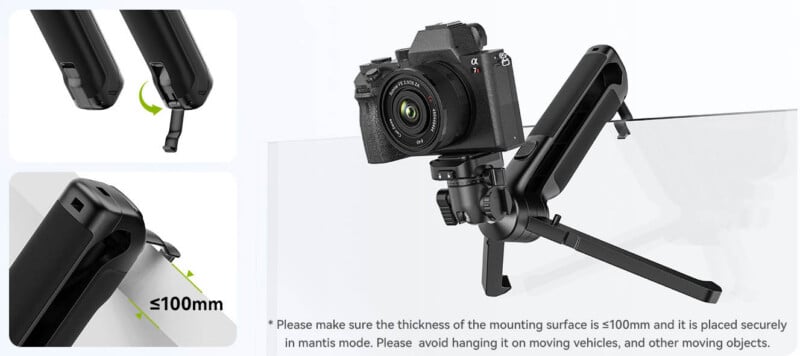 Black compact tripod with a camera mounted on a table. The tripod legs can angle downwards for setup and fold backward for storage, shown in two inset images. Text advises a mounting surface thickness of ≤100mm and warns against use on moving objects.