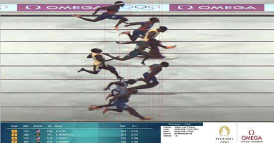 A photo-finish image from a sprint race. Athletes are crossing the finish line closely, with positions indicated by red vertical lines. A results table is visible at the bottom, showing rankings with the USA in first place. Logos for Omega and Paris 2024 Olympic Games are present.