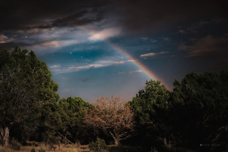 A rainbow arches across a twilight sky filled with stars and clouds. The horizon is lined with a mix of green and bare trees, creating a serene and mystical atmosphere.