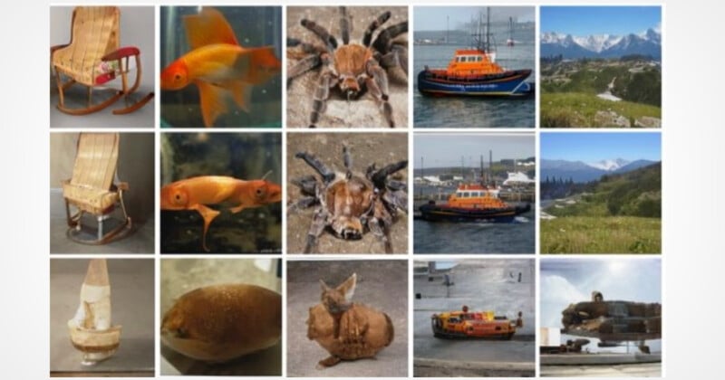 A 4x4 grid of images. Top to bottom, left to right: rocking chair, goldfish, tarantula, rescue boat; rocking chair, goldfish, tarantula, rescue boat; ceramic jug, fish, sleeping foxes, rescue boat; ceramic jug, landscape, mountains.