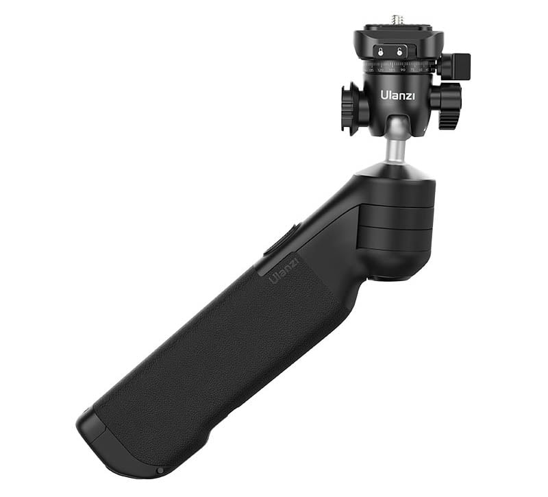 A black, handheld camera stabilizer mount by Ulanzi, featuring an ergonomic grip, an adjustable ball head, and multiple adjustment knobs. The design is sleek and modern, suitable for mounting cameras or smartphones for stable video recording.