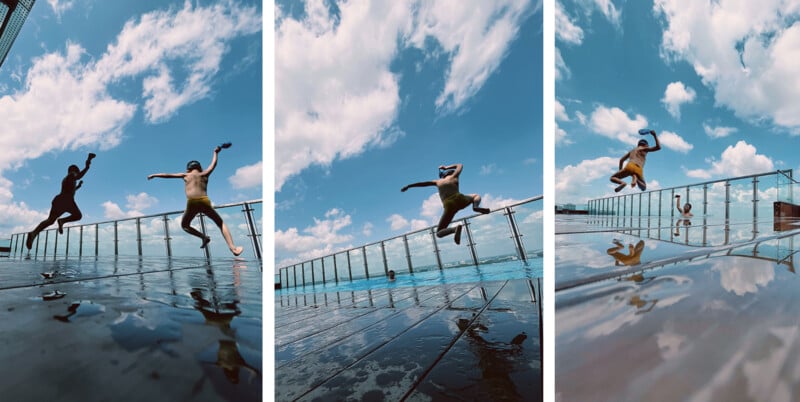 Three-panel image shows two people mid-jump into a rooftop swimming pool. The sky is bright and filled with white clouds, reflecting on the water. The second panel captures one jumper in mid-air with arms stretched while the other panel shows both jumpers airborne.