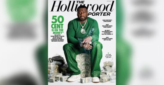 A man sits on a large pile of cash, wearing a green outfit and white shoes, with a pendant around his neck, on the cover of The Hollywood Reporter. The text beside him reads "50 Cent is on the Money," referencing power moves, deals, and his ventures.