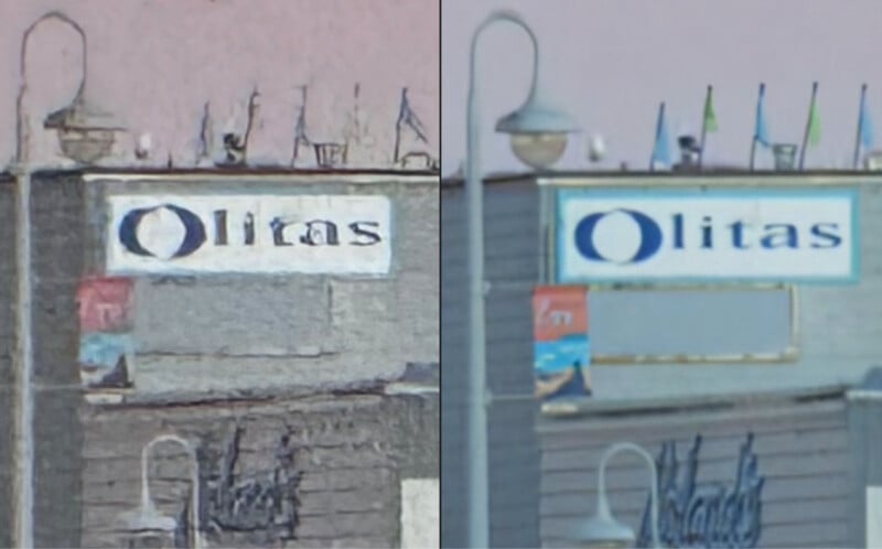 Two images side by side of the same building with a sign that reads "Olitas." The left image is of lower resolution and blurry, while the right image is clearer. Both images show similar elements like decorative flags on the rooftop and lamp posts.