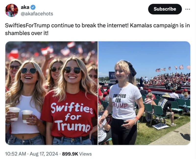 A tweet by user @akafacehots shows two images of young women wearing "Swifties for Trump" shirts. The scene appears to be a political rally. The tweet claims that the "SwiftiesForTrump" movement is gaining significant attention and impacting Kamala's campaign.