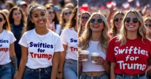 A group of people at an outdoor event wears shirts that read "Swifties for Trump." Two women on the right hold drinks. There's a mix of shirt colors, with white and red prominent. The crowd appears cheerful and engaged in a sunny setting.