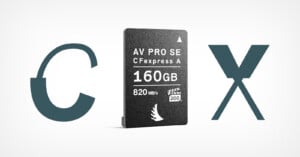 A CFexpress Type A memory card with text "AV PRO SE" and "160GB" and "820 MB/s" is standing between a large stylized letter 'C' on the left and a large stylized letter 'X' on the right. The memory card has a black background with white text and a logo.