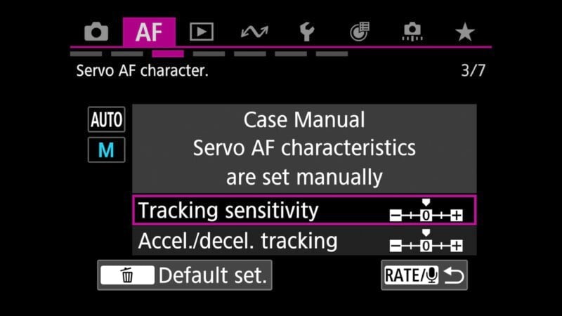 A camera settings menu showing "Servo AF characteristics are set manually" with options for "Tracking sensitivity" and "Accel./decel. tracking." The menu also includes a "Default set" button and indicators for various other settings at the top.