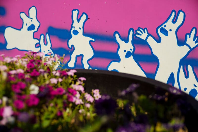 A vibrant mural with playful white bunny figures outlined in blue against a pink background. In the foreground, blooming flowers in shades of purple and pink are partially visible, adding a lively touch to the scene.