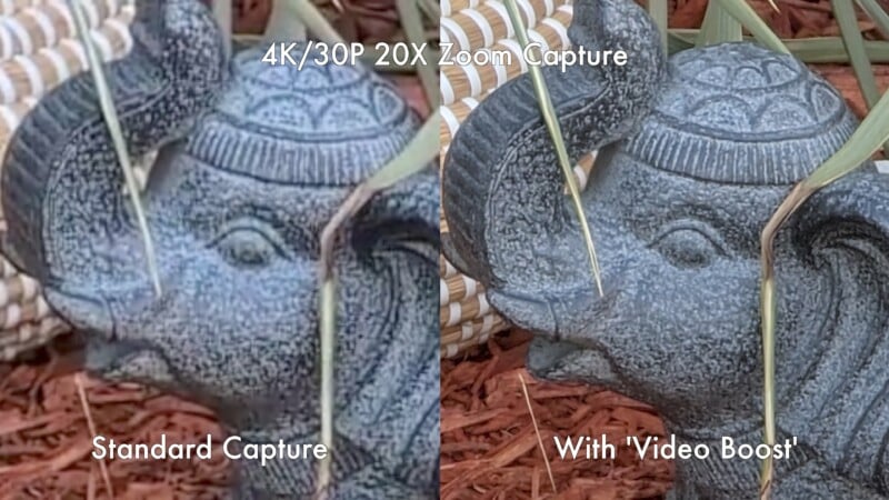 A side-by-side comparison image of a gray stone elephant sculpture. The left part of the image shows "Standard Capture," and the right part displays "With 'Video Boost.'" The right side appears clearer and more detailed with enhanced color and sharpness. Text above reads "4K/30P 20X Zoom Capture.