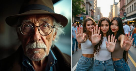 Left: An elderly man with glasses, a mustache, and a hat looks directly at the camera with a serious expression. Right: Three young women, smiling and standing close together, raise their hands in a stop gesture, with an urban street scene in the background.