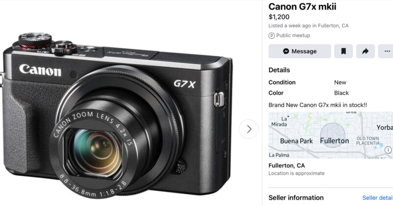 A Canon G7x mk II camera is displayed on the left side. The camera has a black body with a prominent lens. On the right side, there is a listing with details such as price ($1,200), condition (new), color (black), and location (Fullerton, CA), along with a map.