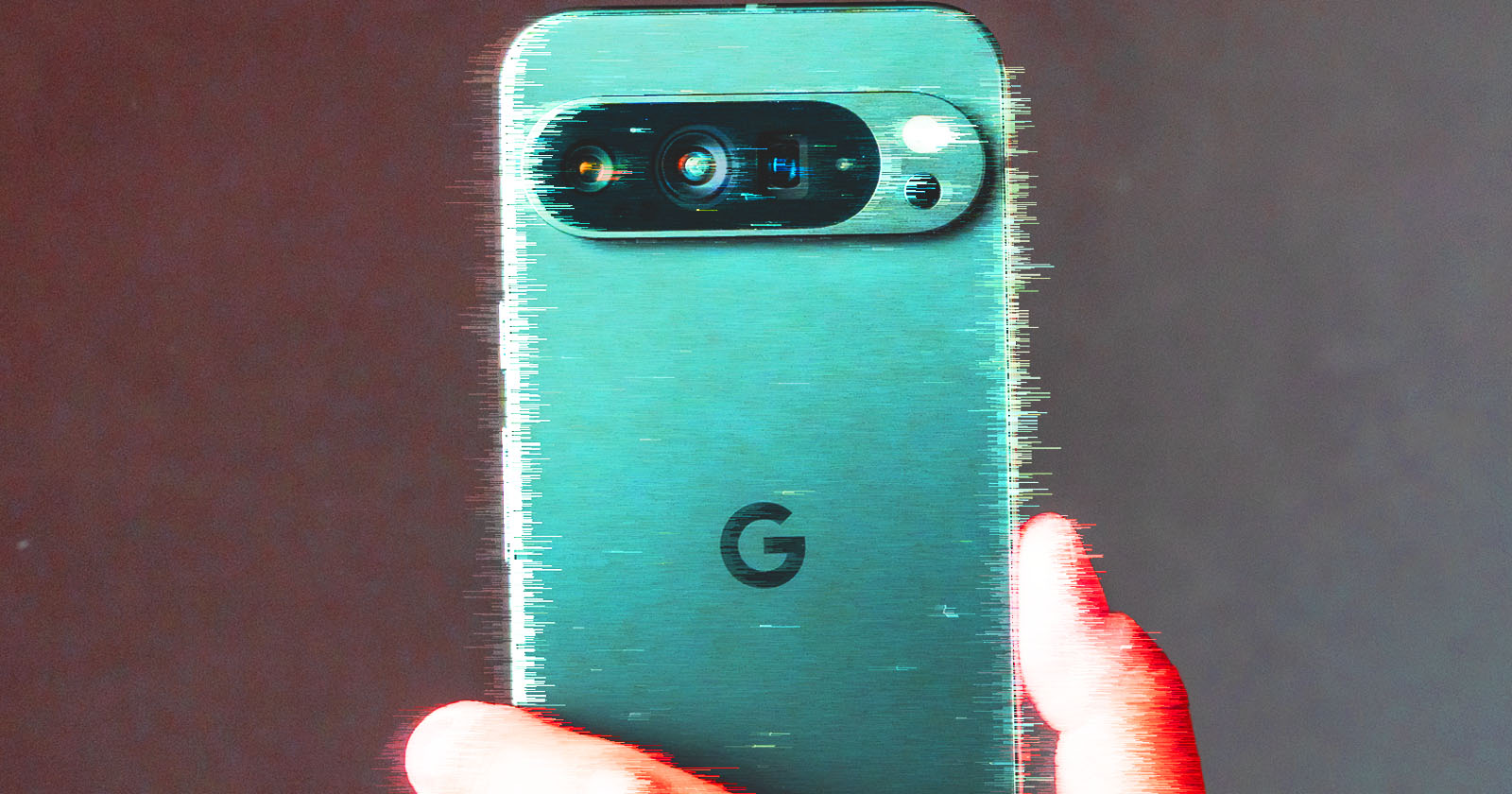 A hand holding a green Google Pixel 8 smartphone, showcasing its rear design with a single raised, horizontal camera module, containing multiple camera lenses and a flash. The background is out of focus, emphasizing the phone.