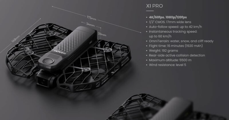 Image of a foldable drone with the brand name "Hover" and the model name "X1 Pro." The drone is shown with its specifications, including camera quality, flight time, tracking speed, and wind resistance. The drone features protected rotors and compact design details.