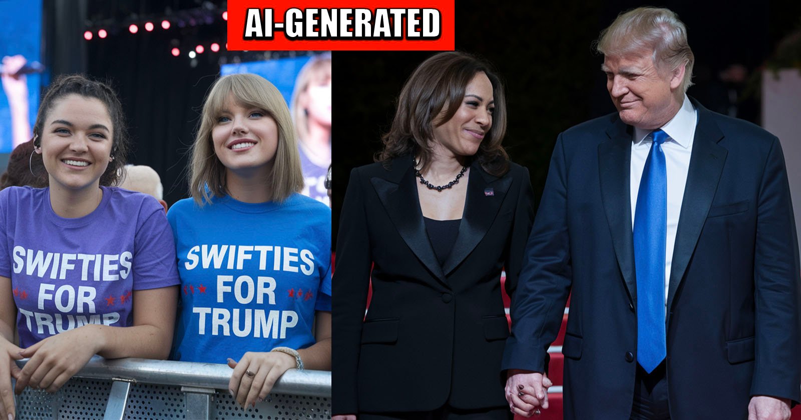 On the left, two women stand in front of a concert stage wearing "Swifties for Trump" shirts. On the right, a woman in a black suit holds hands with a man in a navy suit and red tie. The header text above the image reads "AI-GENERATED.