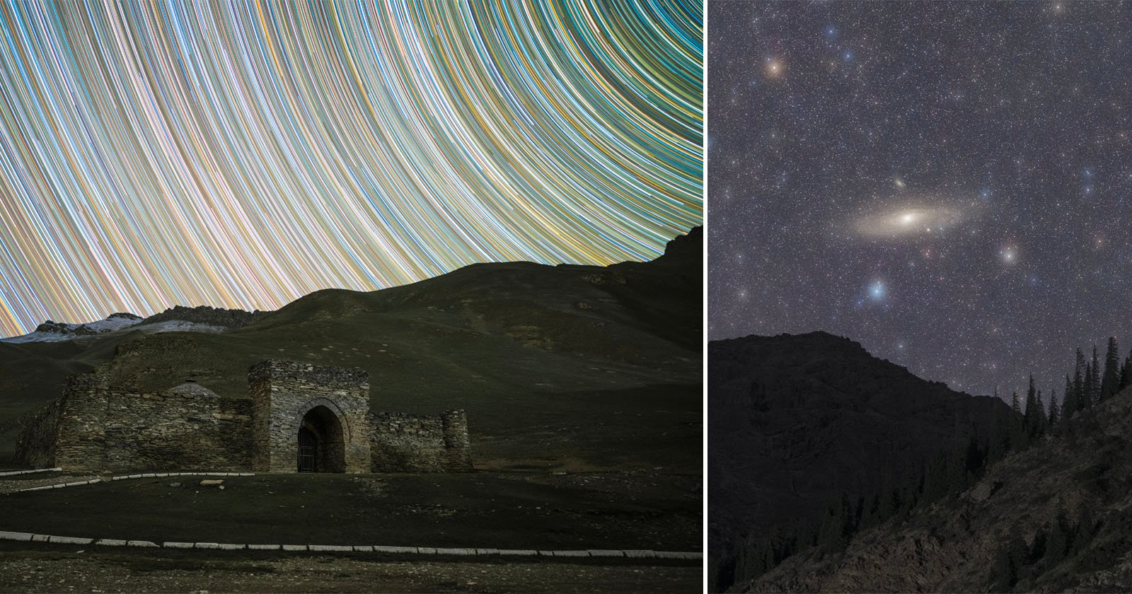 On the left, colorful star trails curve across the night sky over an old stone structure on a hilly landscape. On the right, a clear night sky shows the Andromeda galaxy and other stars above a mountainous silhouette with trees.