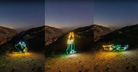A triptych of a mountainous landscape at night with starry skies. Each panel showcases the light painting of a glowing, cartoon-like dog in varied playful poses: sitting, standing on hind legs with a raised paw, and lying on its back.