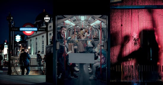 A triptych image: on the left, a person enters a dimly lit London Underground station; in the center, a crowded subway car with passengers seated and standing; on the right, a silhouette of a person gesturing against a red-lit wall.