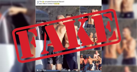 A collage of photos shows shirtless men on a boat, overlaid with a large red "FAKE" stamp. The Facebook post at the top reads: "The deep faked Emmanuel Macron! In case video is correct!!!!" with several emoji.