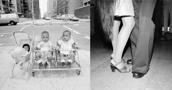 The image is divided into two sections: the left shows two infants sitting in a twin stroller on a city street, with a doll in a smaller attached stroller. The right section captures the legs of a couple dancing, wearing formal shoes on a patterned floor.