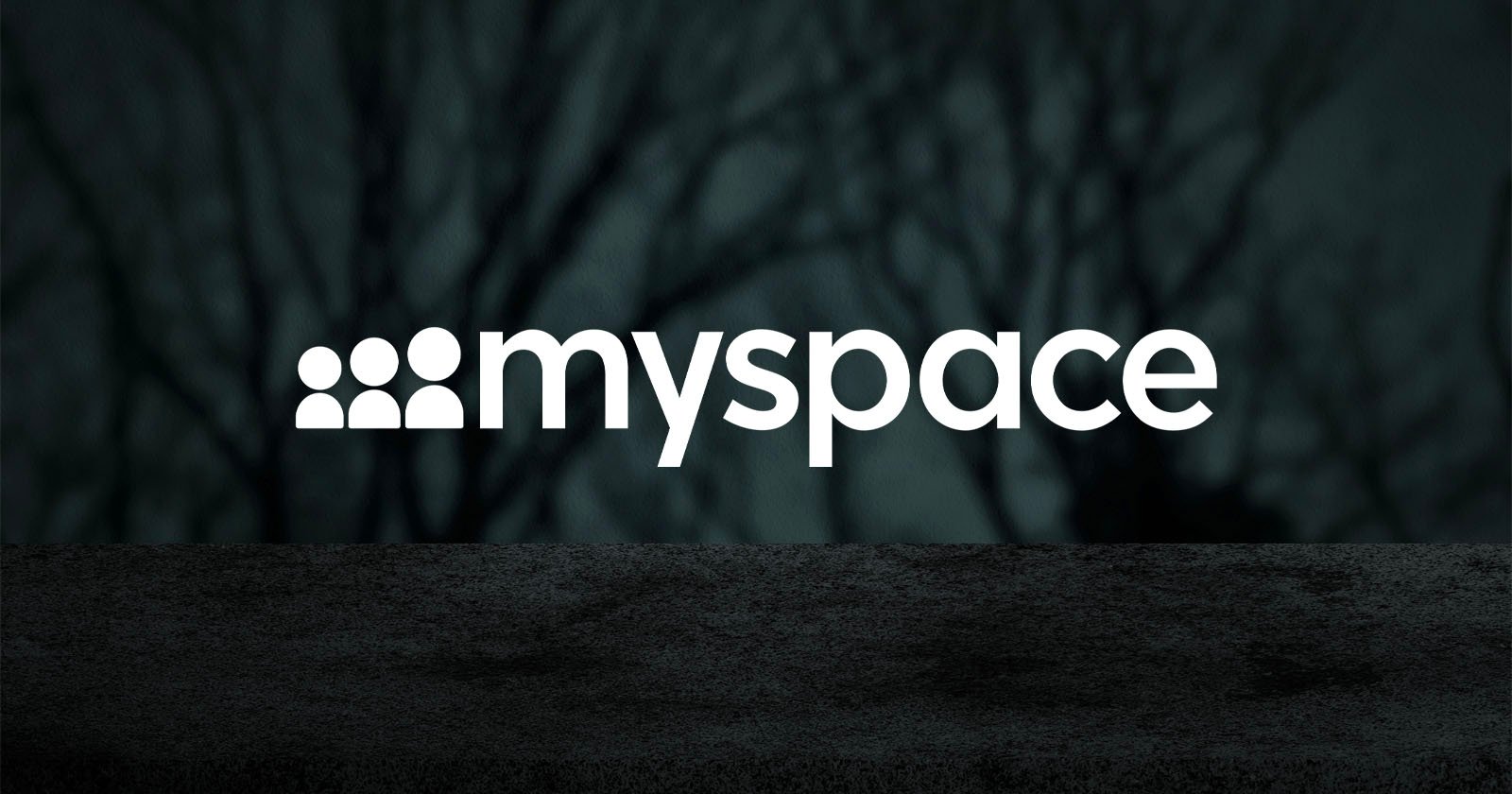 MySpace logo featuring three interconnected white stick figure icons next to the word "myspace" in lowercase, white, bold letters against a dark, abstract background of silhouetted branches and a textured foreground.