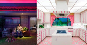 On the left, a person sits on a porch at night, illuminated by colorful lights. On the right, a retro-styled kitchen features pink cabinetry, pink tiled countertops and floor, and pink curtains. The room is well-lit and visually vibrant with its unique pink decor.