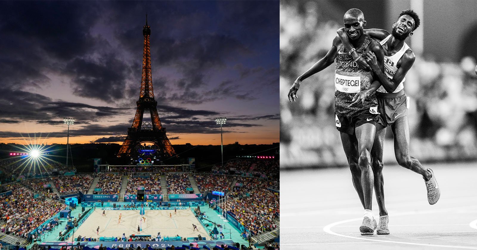 Two scenes juxtaposed: On the left, a beach volleyball match under lights with a crowded stadium, Eiffel Tower in the background against a dusky sky. On the right, a touching black-and-white image of two runners supporting each other towards the finish line.