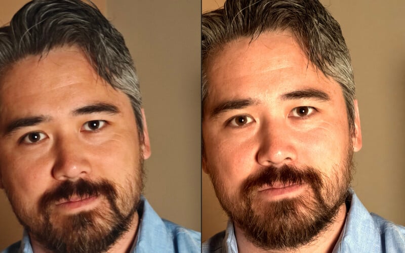 Side-by-side comparison of two headshots of a man with short black and gray hair, a beard, and a mustache. In both images, he is wearing a blue shirt and looking directly at the camera with a neutral expression. The background is beige.