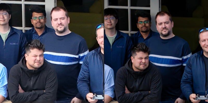 Two nearly identical group photos feature five men standing close together. They smile at the camera in casual clothing, with some wearing glasses. One man is in front wearing a hooded sweatshirt; others are behind him. The background includes a glass door.