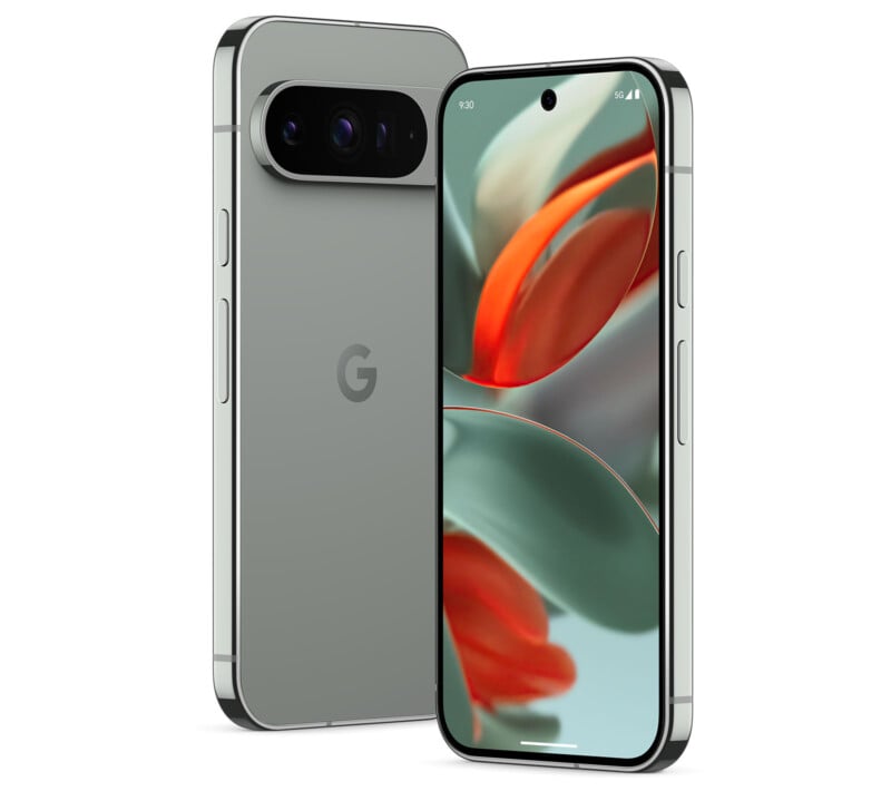 Two smartphones are shown, one facing front and the other back. Both phones have a sleek, metallic design. The front display shows a colorful abstract wallpaper with red and green hues. The back features a large camera module with multiple lenses and the letter "G.