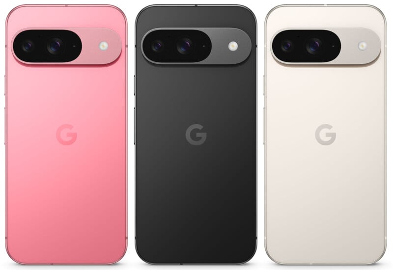 Three Google Pixel 8 smartphones are shown from the back, each featuring a dual-camera setup within an oval-shaped module and a "G" logo. The phones are displayed in three colors: pink, black, and beige.