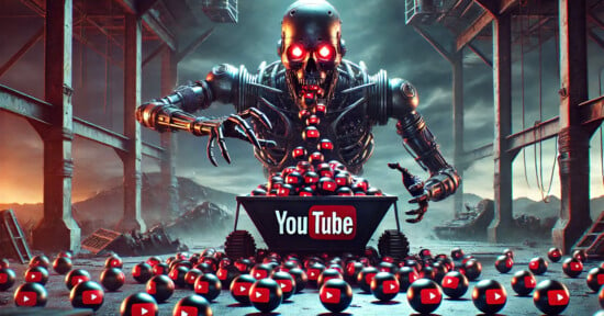 A menacing robot with glowing red eyes looms over a cart filled with balls featuring YouTube play buttons. The robot is in an industrial setting and appears to be grabbing the balls, with more scattered around on the ground. The YouTube logo is prominently displayed on the cart.