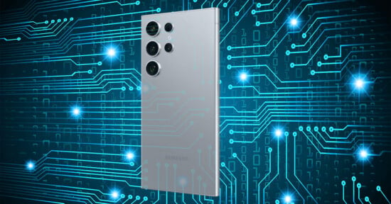 A silver smartphone with multiple camera lenses on the back is set against a background resembling a blue circuit board with glowing points. The image conveys a sense of advanced technology and connectivity.