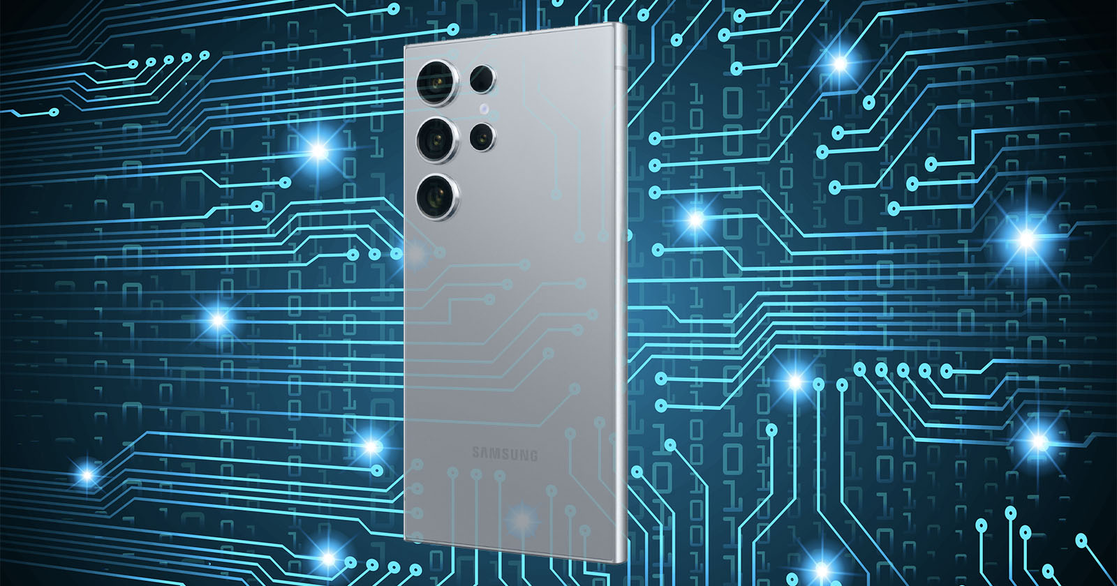 A silver smartphone with multiple camera lenses on the back is set against a background resembling a blue circuit board with glowing points. The image conveys a sense of advanced technology and connectivity.