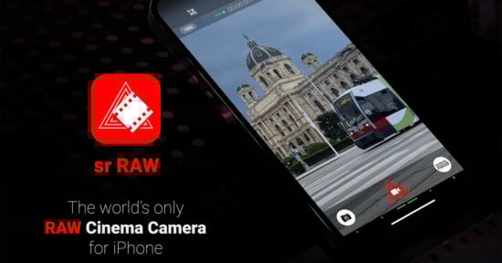 A smartphone screen displaying a camera app interface with a photo of a tram and a classical-style building in the background. Text reads "The world's only RAW Cinema Camera for iPhone" alongside a red logo with film reel graphics and the text "sr RAW.