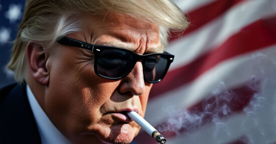 A person wearing dark sunglasses and a suit smokes a cigarette with an intense expression, with the American flag blurred in the background.